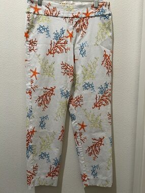 Krazy Larry Coral Print White Ankle Pants